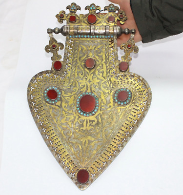 Turkmen Silver Large Carnelian Stone Pendant, Asyk Heart Shape Pendant,