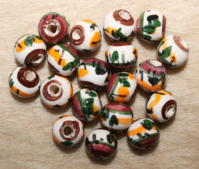 19 Keramik Kugel Perlen 10mm, braun orange Peru Perle handgemalt Schmuck basteln