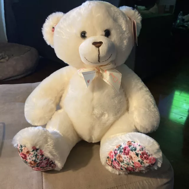 Modern Expressions Stuffed Bear Super Soft Cream Bear Rose Flowers Paws & Ears