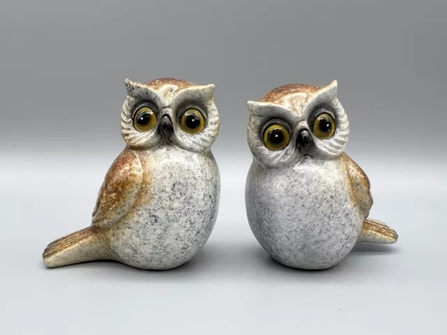 VTG Pair of Owl Ceramic Decorative Figurines Brown Speckled Glaze 3" Retro MCM