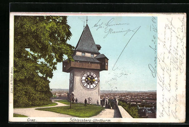 Ansichtskarte Graz, Schlossberg-Uhrturm mit Stadtpanorama 1904