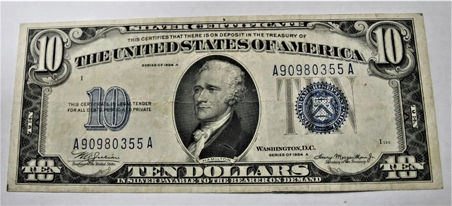1934 A Ten Dollar Silver Certificate Bank Note! Serial# A90980355A