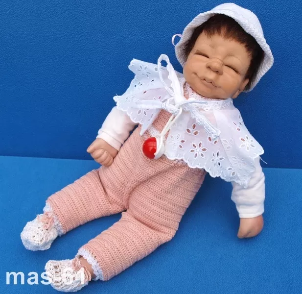 Baby Puppe 38 Cm Handarbeit Braune Haare Kopf Handmodelliert Doll Unikat
