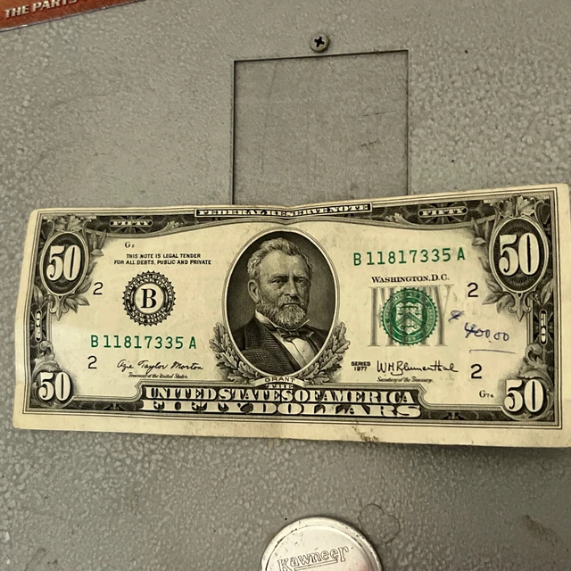 1977 $50 Fifty Dollar Bill Federal Reserve Note Error Miscut # B11817335A