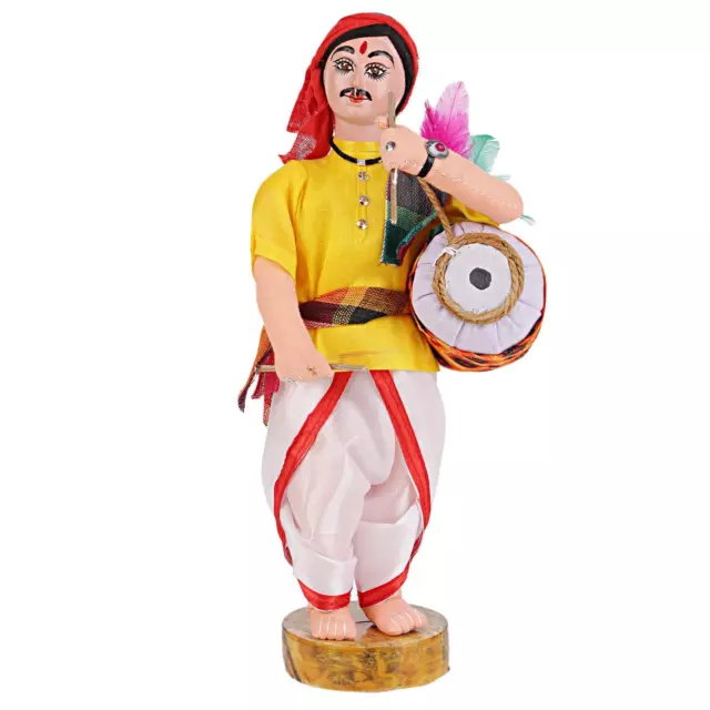 Drummer Dhaki Male Doll Handpainted Cloth and Paper Mache With Wood Base