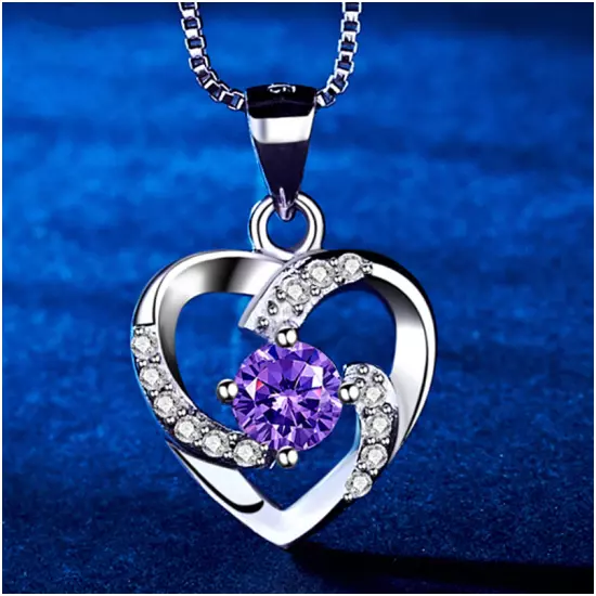 1ct Simulated Purple Amethyst Pendant Heart Shape 18k White Gold Plated NO CHAIN