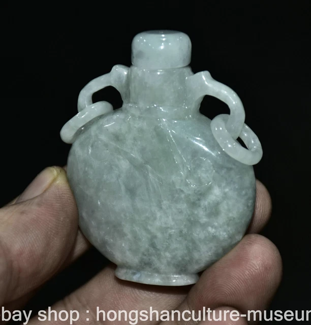 2.4" Old Chinese Jadeite Emerald Jade Carving Dynasty Palace 2 Ear Snuff Bottle 3