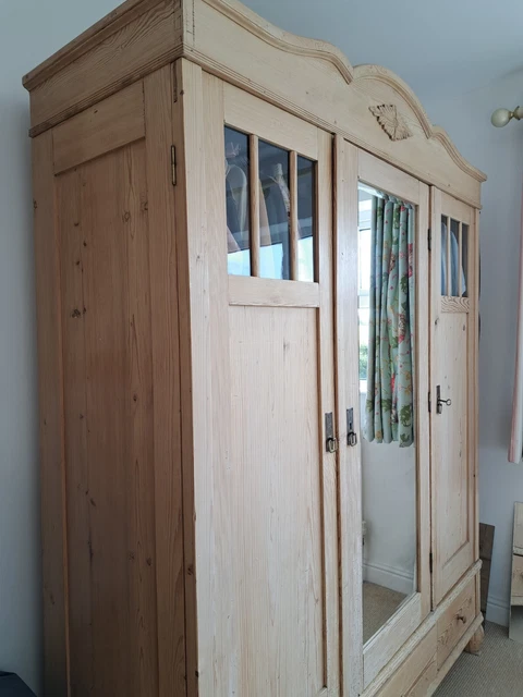 Antique Triple Pine Wardrobe, comes apart in clip together sections