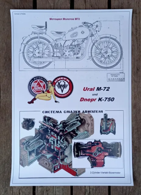 Poster Molotov M72 bzw. Ural M72 / Dnepr K750 + Motor Schnittzeich. sowjetische
