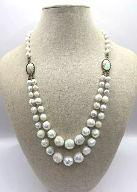 Vintage Jewellery 2 Strand Opaque White Aurora Borealis AB Glass Bead Necklace