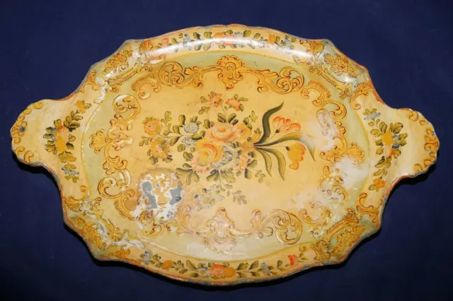 Antique Hand Painted Floral Tole Design Paper Mache Tray Platter Shabby Chic