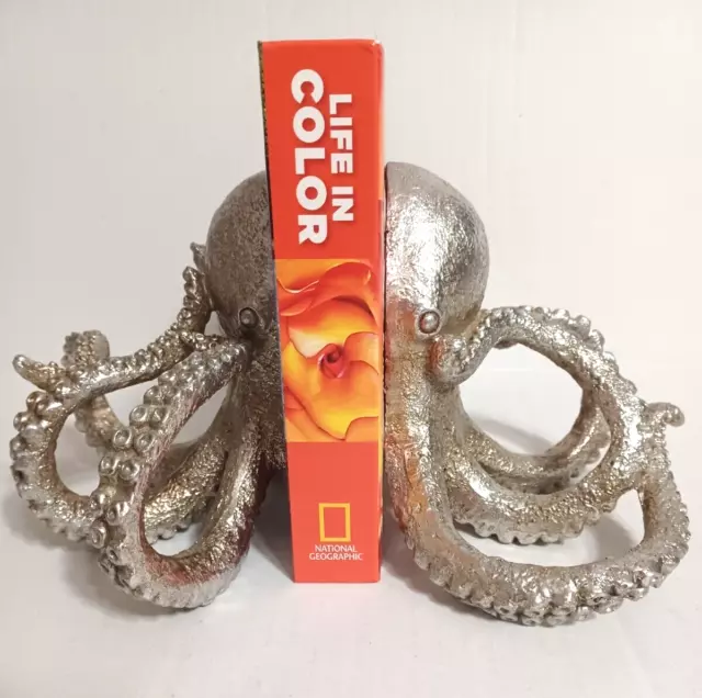 Set of 2 Unique Silver Resin Octopus Bookends Home Decor VGC Shiny Silver Detail