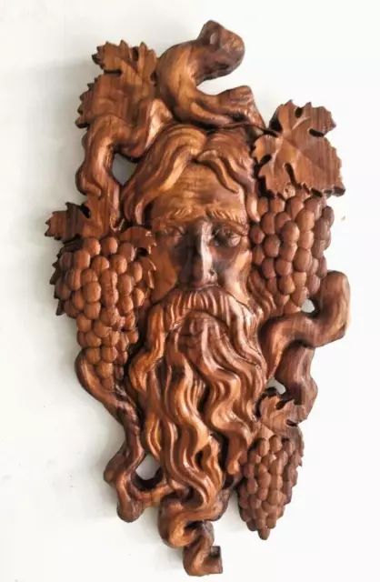 wood carved tree spirit old green man face grape home wall art decor plaque