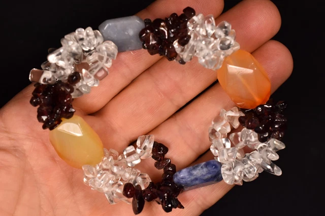 *QUARTZ GARNET SODALITE* Bracelet 59.6g Chip Beads Elastic Clear, Blue, Yellow