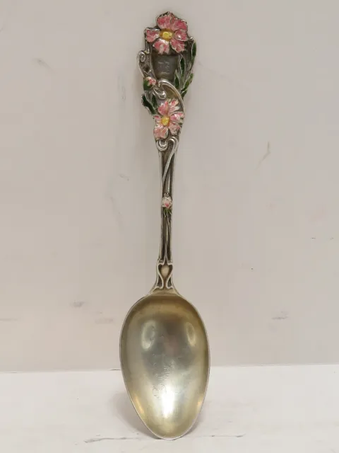 Vintage Embossed .465 Ozt Sterling Silver Color Enameled Flower Spoon