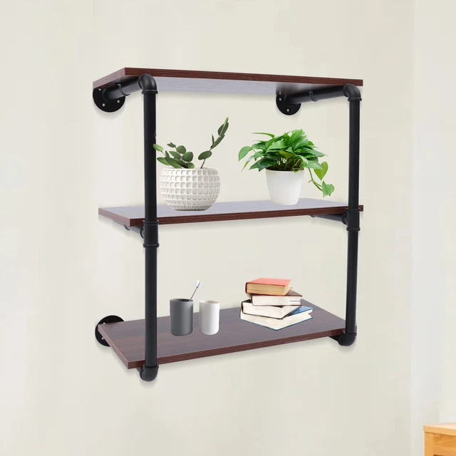 3 TIER INDUSTRIAL Bookcase Bookshelf Wall Mounted Floating Pipe Shelf