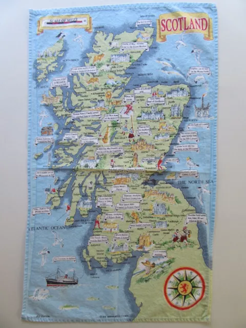 Vintage SCOTLAND Cotton Tea Towel Kitchen History Map Tourism Novelty