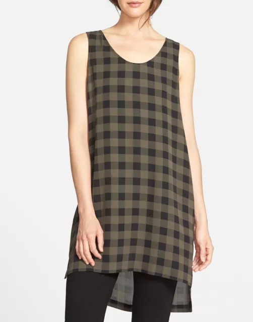 Eileen Fisher Sz XL Brown Black Plaid Buffalo Check Print Crepe 100% Silk Tunic