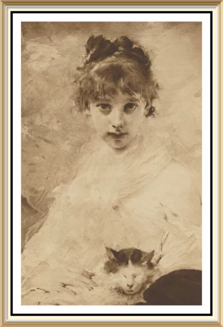 Original Old Antique Charles Chaplin Art Print Victorian Portrait YOUNG GIRL Cat