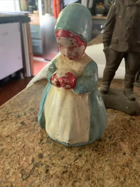 Antique Old Blue Paint Cast Iron Dutch Girl Bonnet Doorstop