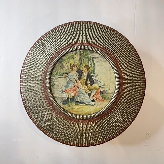 Decorative Tin Round Victorian Couple Textured Metal Container Cookie 7.5"