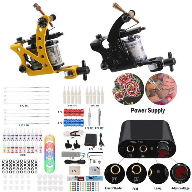 Complete Tattoo Kit 4 Pro Machine Guns 20 Inks Power Supply Foot Pedal Needles