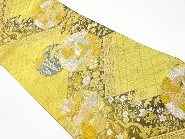 6124818: Japanese Kimono / Vintage Fukuro Obi / Woven Crane & Mandarin Ducks