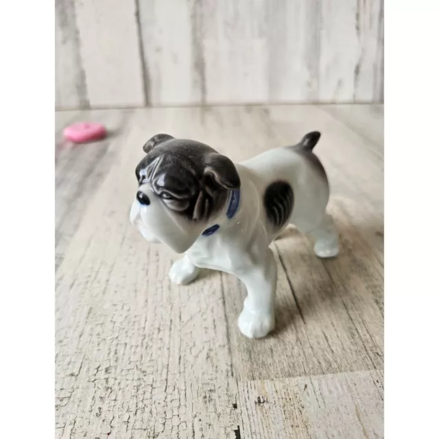 Vintage porcelain bulldog dog puppy standing spotted black figurine statue