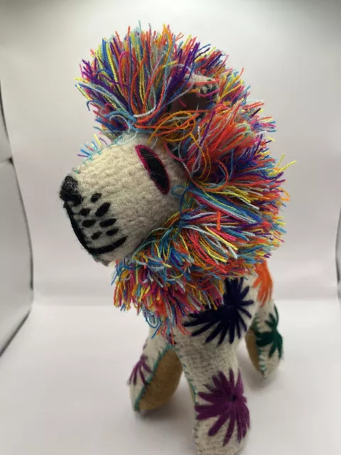 Mexican Folk Art Lion Handmade Wool Stuffed Animal Plush Colorful Floral Stitch