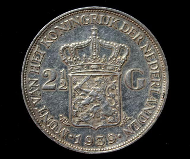1939 Kingdom Netherlands Wilhelmina 2 1/2 Gulden .720 silver coin