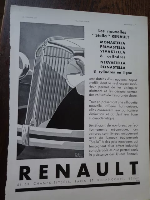 RENAULT nouvelles STELLA 6 et 8 cylindres 89 publicité papier ILLUSTRATION 1931