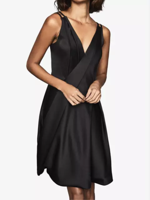 Reiss Nicole bubble hem black satin crepe mini strappy dress LBD 12 14