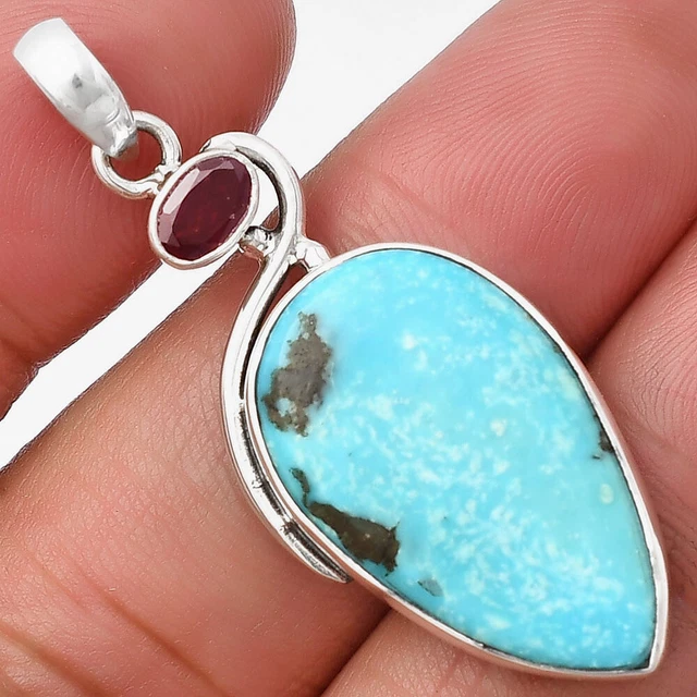 Natural Turquoise Nevada Aztec Mt & Garnet 925 Silver Pendant Jewelry P-1026