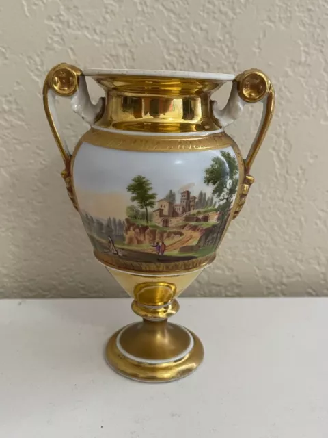 Antique French Empire Old Paris Porcelain Urn Vase Green & Gold w Landscape Dec.