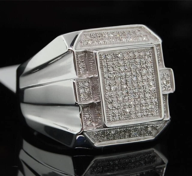 Homme .925 Argent Sterling 1.Ct Pave Vvs1 Bague Rose Moissanite Plaqué Or Blanc