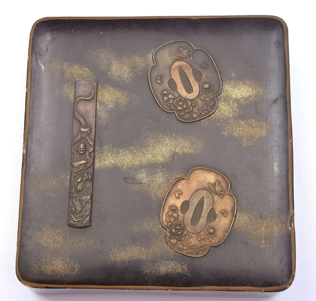1900's Japanese Makie Lacquer Wood Carved Box Samurai Sword Tsuba and kozuka