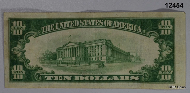 1934 $10 Federal Reserve Note Light Green New York Vf! #12454 2