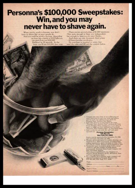 1966 Personna Razor Blades $100,000 Sweepstakes Bowl Of $100 Bills Print Ad