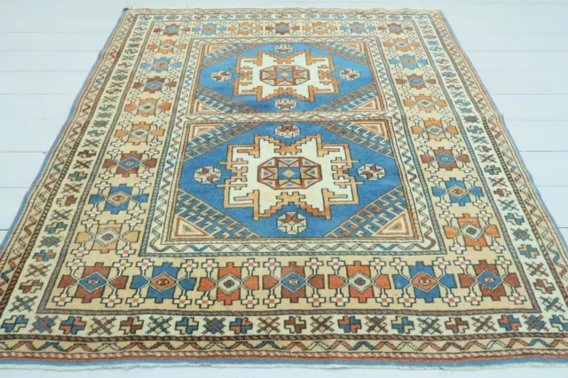 Turkish Bergama Small Rug, Blue Color Carpet, Bedroom Rug Tapis Teppiche 54"x56"