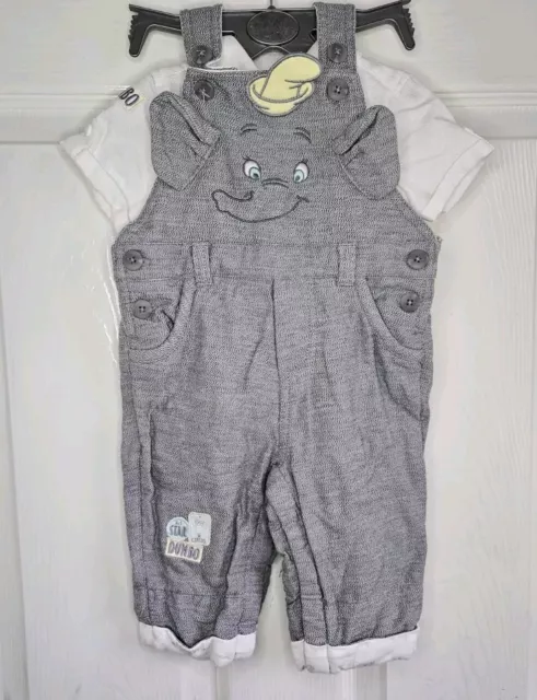 Disney Baby Boys Dumbo Playsuit/ Dungarees And Shirt Set Age 3-6 Months