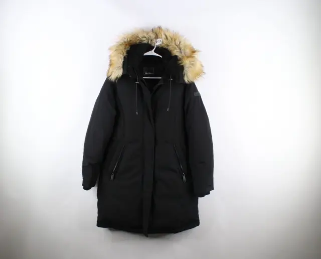 Sam Edelman Womens Medium Faux Fur Trim Down Fill Hooded Parka Jacket Black
