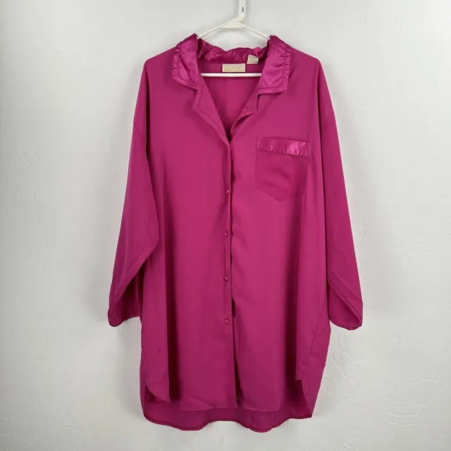 Vtg Delicates Sleepshirt Womens 1X Shiny Liquid Satin Hot Pink Button Up Pocket