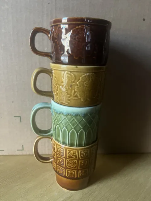 Set of 4 Vintage 1970s Stacking Coffee Mugs Gold Green 2 Brown MCM 8 oz Japan