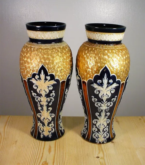 PAIR Antique Royal Doulton Minnie Forster Gold Vases