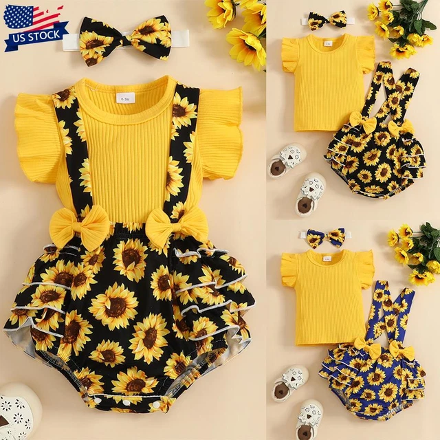 3PCS Newborn Baby Girls Floral Outfits Ruffle Romper Dress Jumpsuit Headband Set
