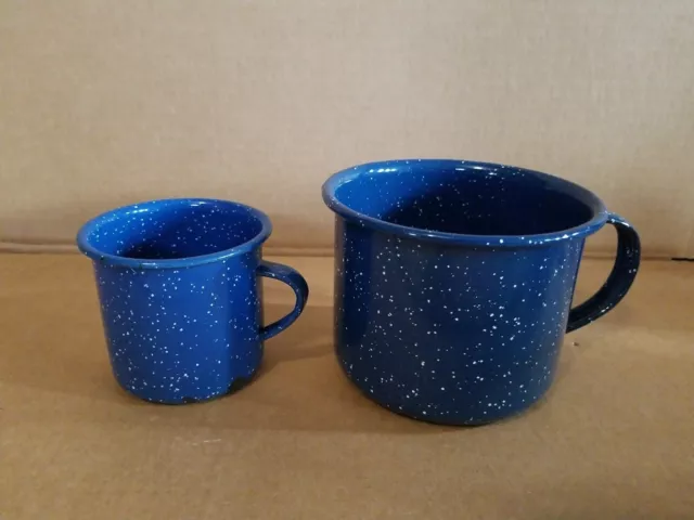 Vintage Blue/White SPATTER Enamel/Granite ware Cups Mugs W/ Handles LOT OF 2