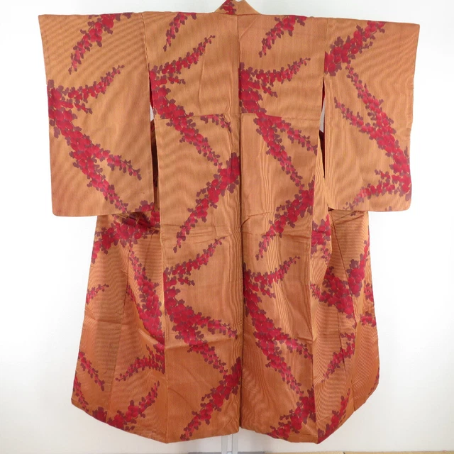 Antique Kimono Silk Meisen striped chrysanthemum pattern Brown 56.3inch Women's