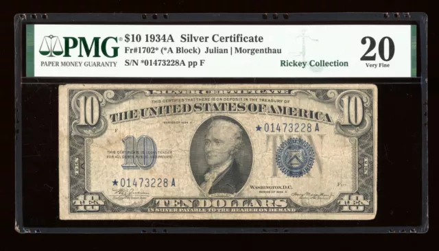 DBR 1934-A $10 Silver STAR Fr. 1702* PMG VF-20 Serial *01473228A