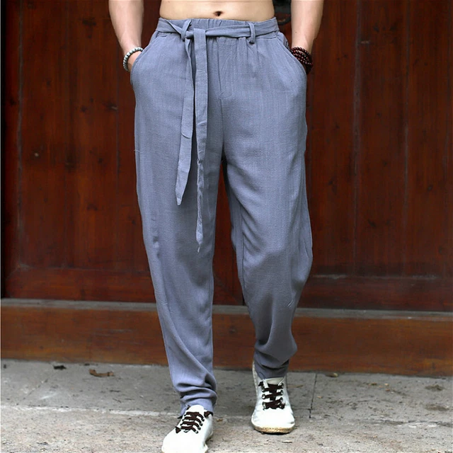 Pantalon Homme Style Kung Fu Large Avec Taille élastique - Coupe Droite, Matière Lin Mélangé, Couleur Multicolore