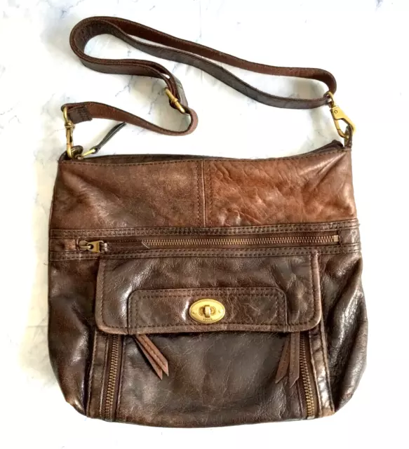 Fossil Women's Brown Leather Crossbody Shoulder Bag Distressed Medium